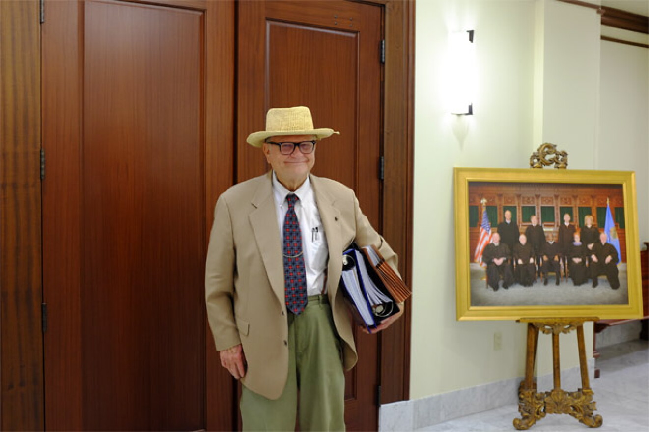 Oklahoma City attorney and legislative watchdog Jerry Fent, who has successfully challenge laws in the past, comes out of a hearing room at the State Supreme Court, where a referee heard his lawsuit over House Bill 2562.